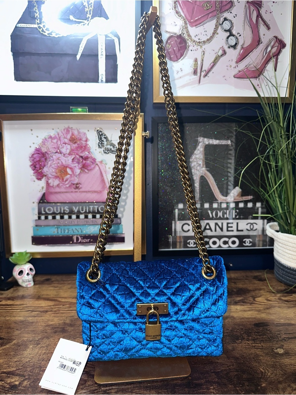 Kurt Geiger London Mini Brixton Lock Bag Blue Velvet Quilted Crossbody